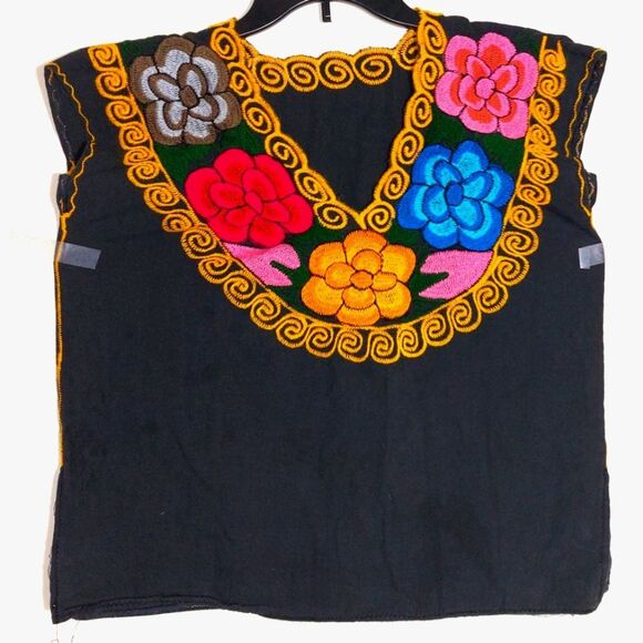 Handmade Women's Mexican Embroidered Floral Black Top Multicolor EUC - Picture 2 of 7